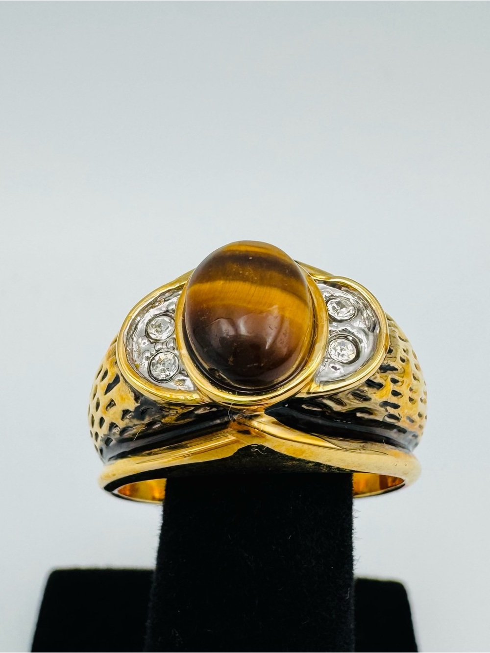 Men's SETA Oval-Shaped Genuine Tiger's Eye Gold-Plated Antique-Finish Ring